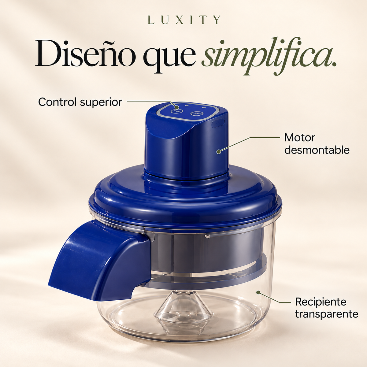Características: controles superiores, motor desmontable y recipiente transparente