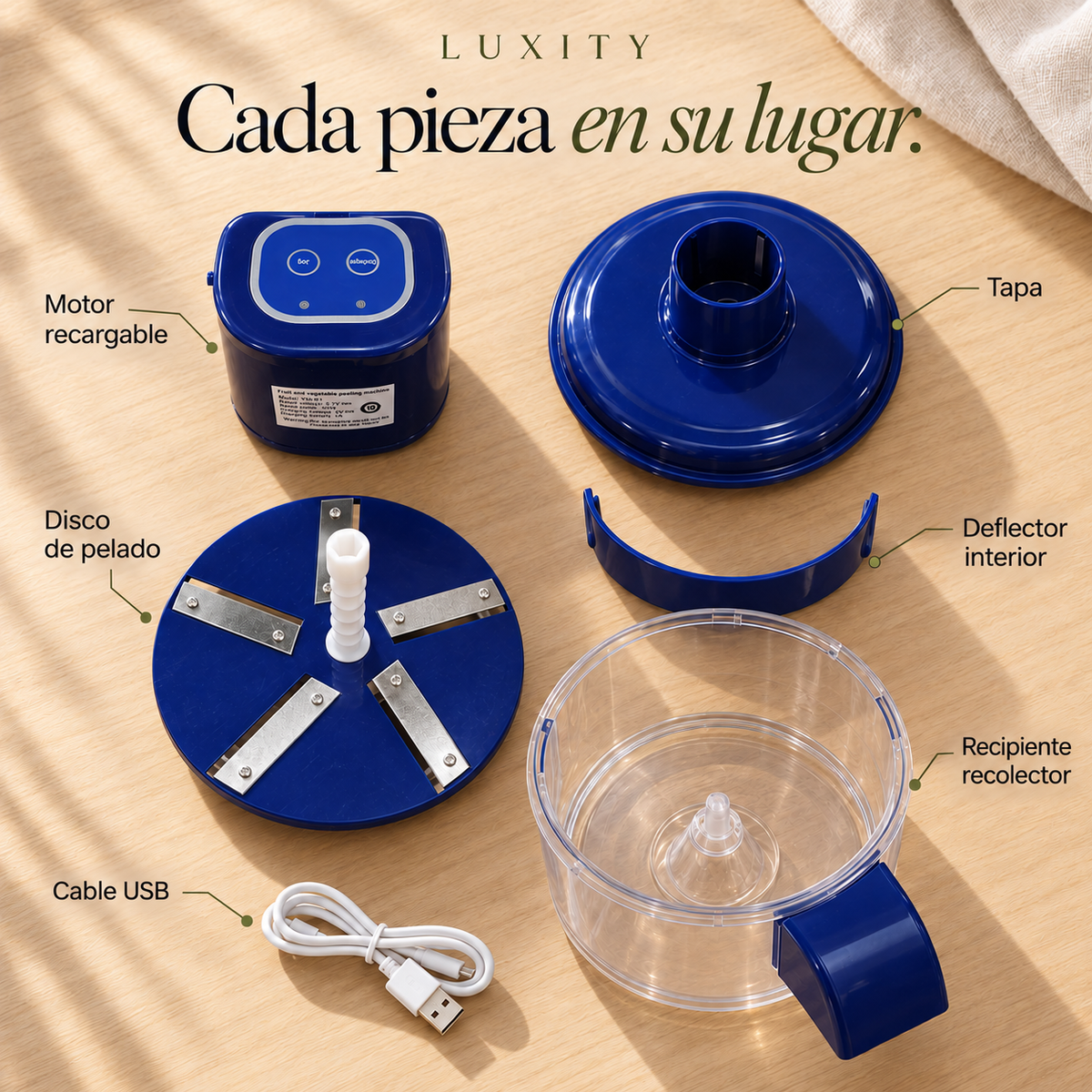Piezas del Pelador Inteligente Luxity separadas e identificadas